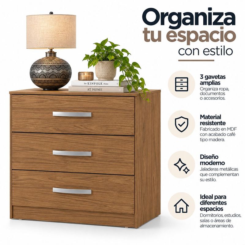 Gavetero Clara de MDF con 3 Gavetas y Jaladeras Metálicas 71 x 45 x 77 Cm Color Café
