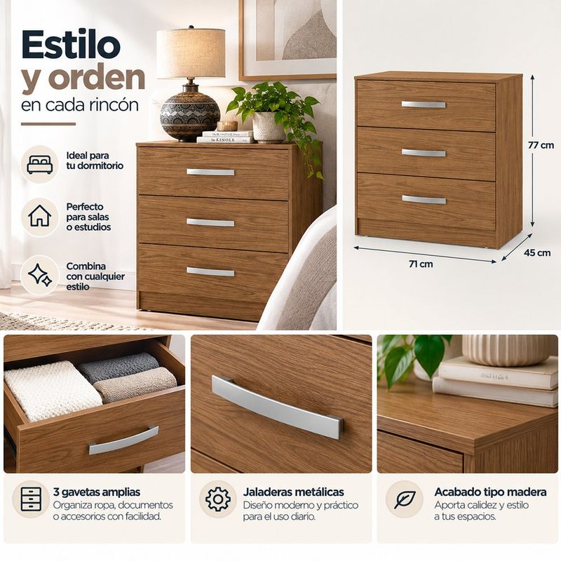 Gavetero Clara de MDF con 3 Gavetas y Jaladeras Metálicas 71 x 45 x 77 Cm Color Café
