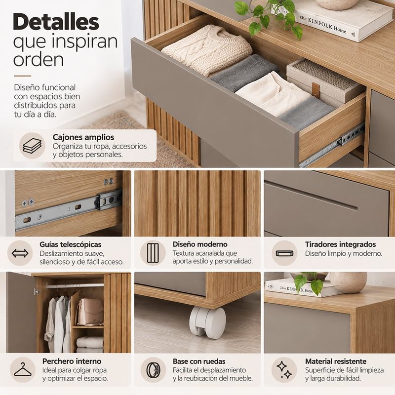 Gavetero Barb MDF de 5 Gavetas para Almacenamiento Dormitorio Color Madera Gris 136 x 45.7 x 117.5 Cm