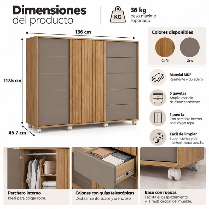 Gavetero Barb MDF de 5 Gavetas para Almacenamiento Dormitorio Color Madera Gris 136 x 45.7 x 117.5 Cm