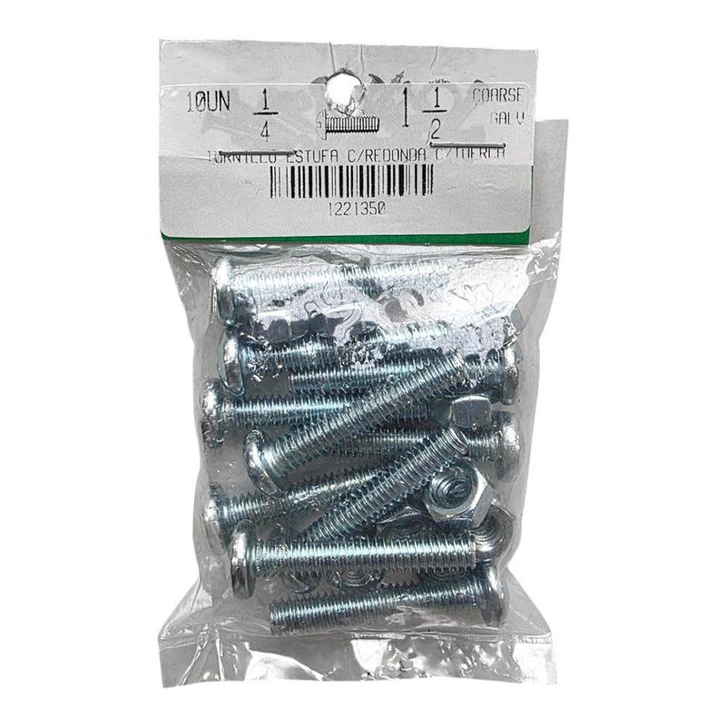 Tornillo Estufa Galvanizado de 1/4 x 1-1/2 Plg con Tuerca 10 Unidades