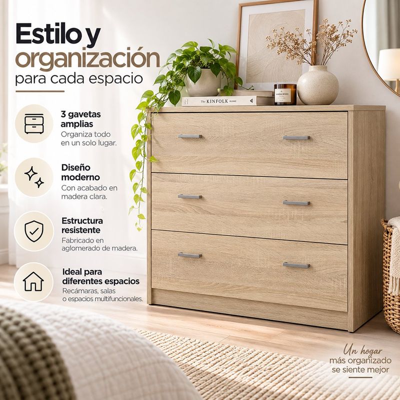 Gavetero Nicky MDF de 3 Cajones Moderno Luminoso Color Beige 74.1 x 36 x 69.9 Cm