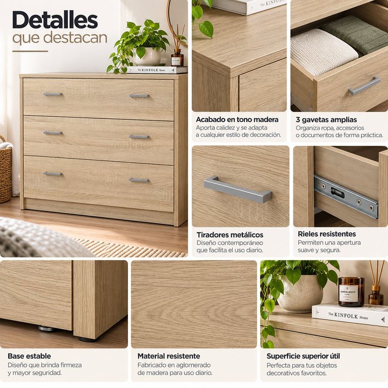 Gavetero Nicky MDF de 3 Cajones Moderno Luminoso Color Beige 74.1 x 36 x 69.9 Cm