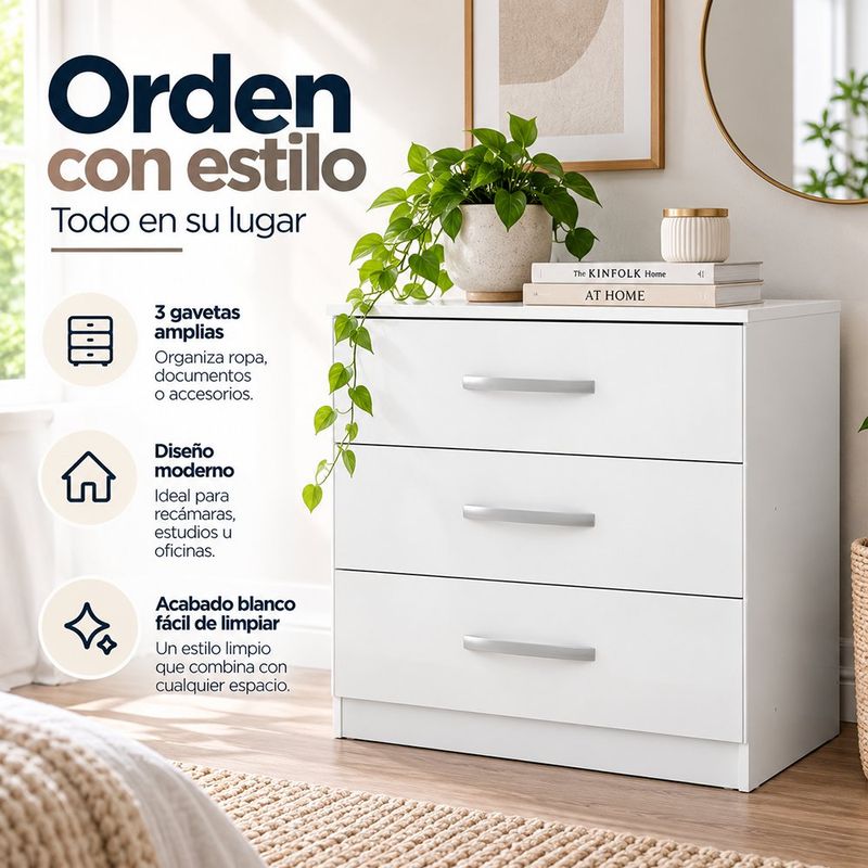 Gavetero Clara con 3 Gavetas 71 x 45 x 77 Cm Color Blanco