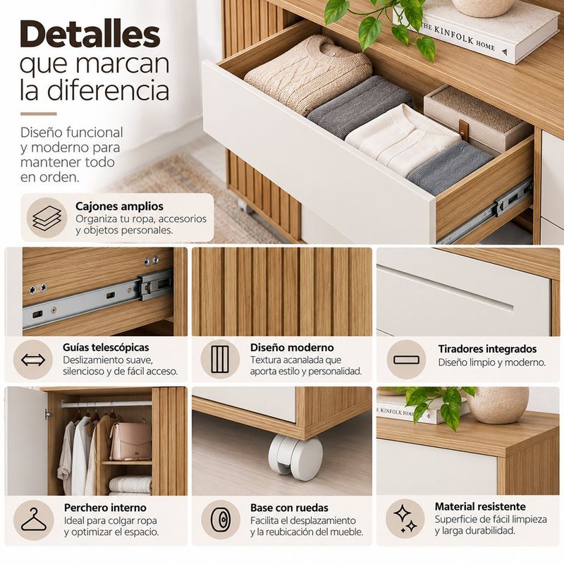 Gavetero Barb MDF de 5 Gavetas para Almacenamiento Dormitorio Color Madera Blanco 136 x 45.7 x 117.5 Cm