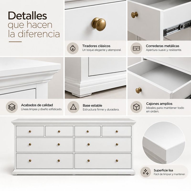 Gavetero Monet MDF de 8 Cajones Clásico para Almacenamiento Color Blanco 183.4 x 48.5 x 86.8 Cm