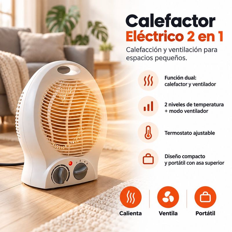 Calefactor y Ventilador 2 en 1 con 2 Temperaturas Color Blanco