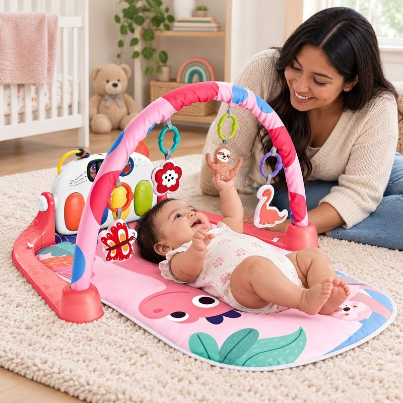 Gimnasio Interactivo Rectángulo Diseño de Dinosaurios con Piano Color Rosado