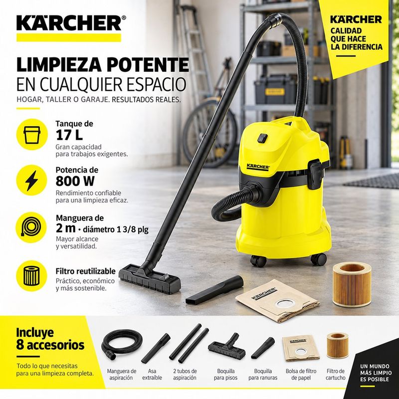 Aspiradora para Seco y Mojado WD 3 de 17 Litros 800 W Color Amarillo y Negro