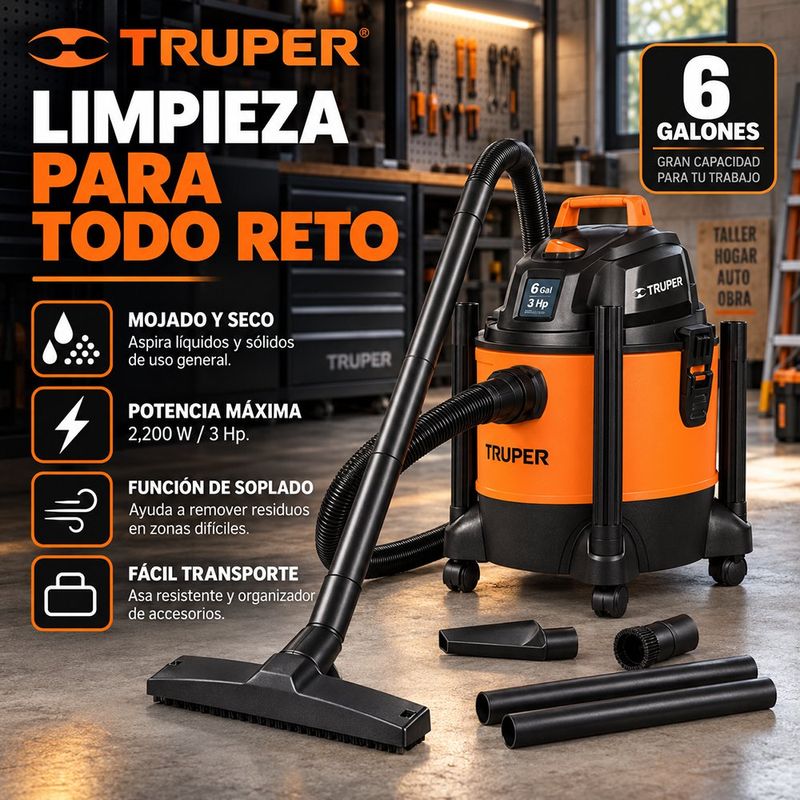 Aspiradora para Seco y Mojado de 6 Gal 3 HP con Manguera y Accesorios