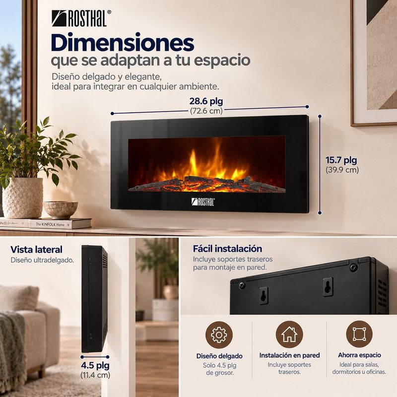 Calefactor Eléctrico Tipo Chimenea 28.6 plg con Control Remoto y Luz LED Color Negro