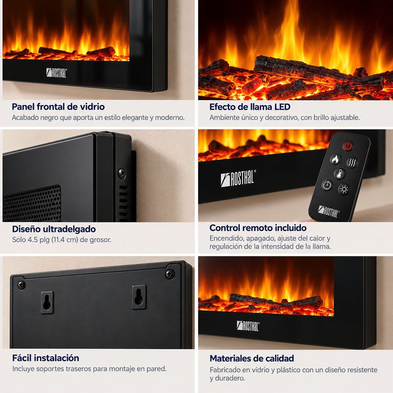 Calefactor Eléctrico Tipo Chimenea 28.6 plg con Control Remoto y Luz LED Color Negro