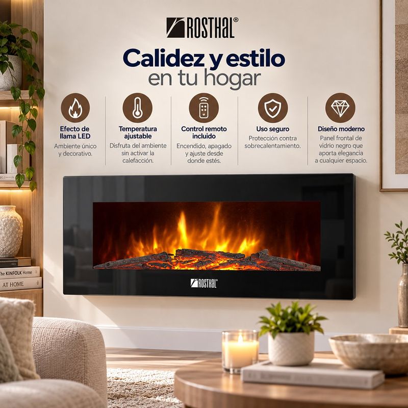 Calefactor Eléctrico Tipo Chimenea 28.6 plg con Control Remoto y Luz LED Color Negro