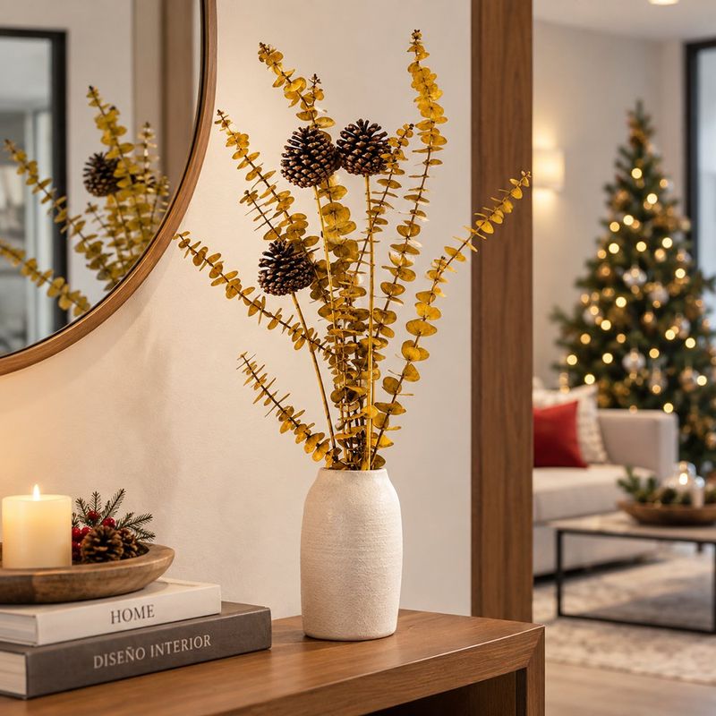 Ramo Decorativo Navideño de Eucalipto Brillante con Bellotas Café