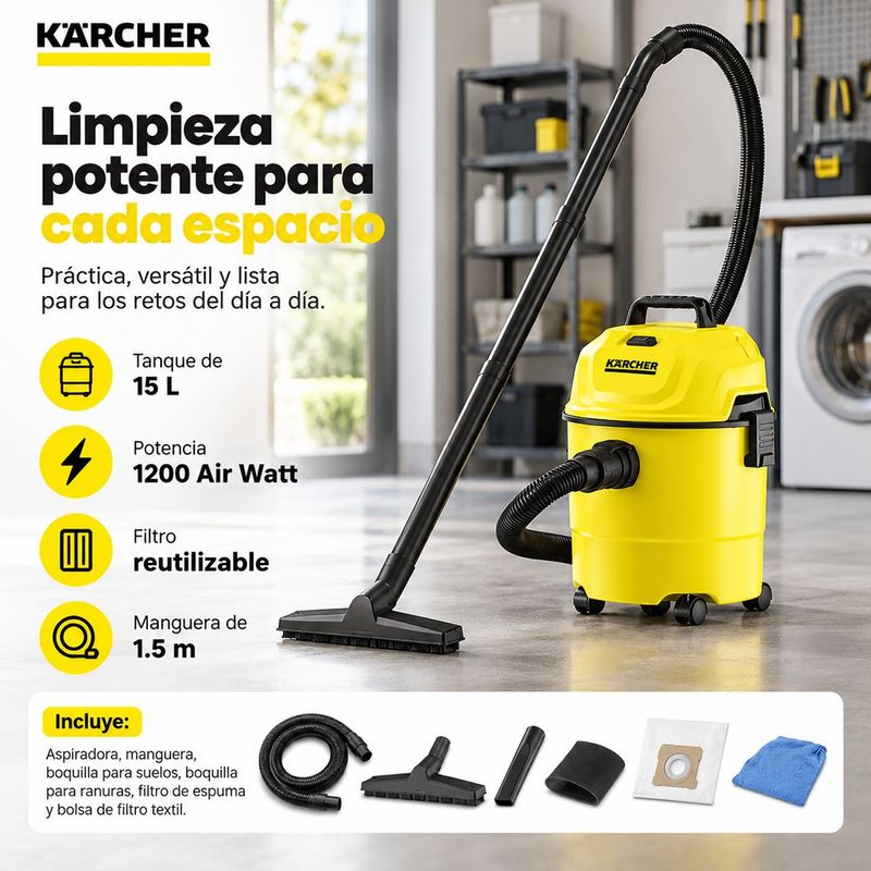 Aspiradora de Contenedor WD1 para Sólidos y Líquidos de 15 L y 1200 W con Función de Soplado y Manguera Flexible