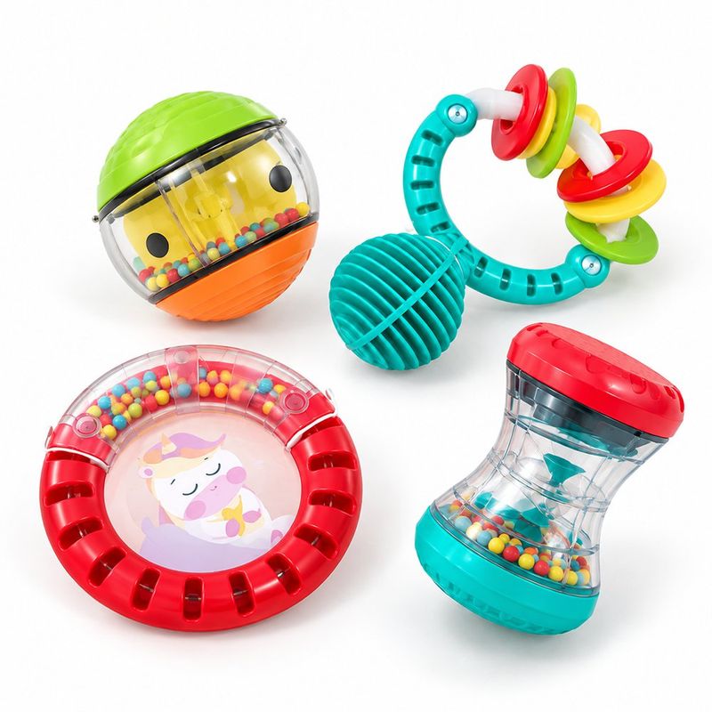 Set de 4 Sonajeros Sensoriales Multicolor Estimula Todos los Sentidos para Bebés 3+ Meses