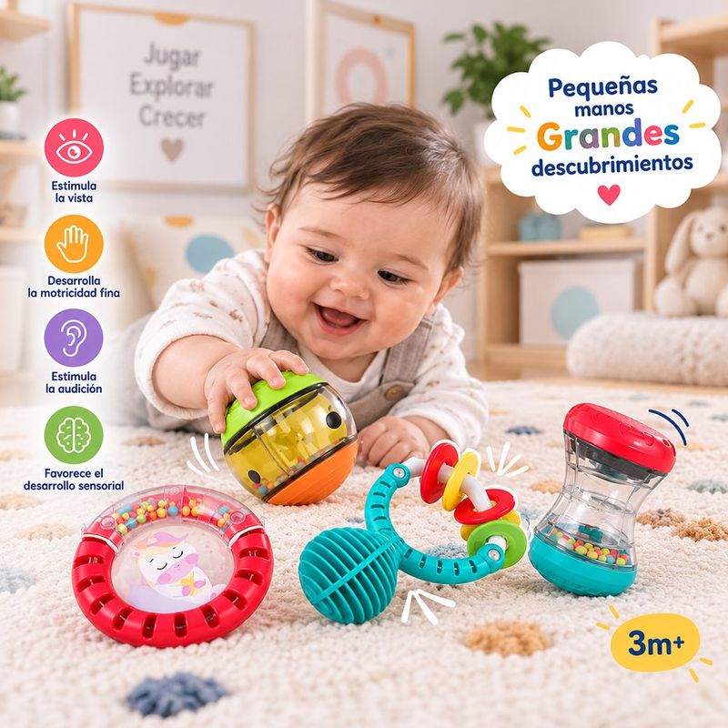 Set de 4 Sonajeros Sensoriales Multicolor Estimula Todos los Sentidos para Bebés 3+ Meses