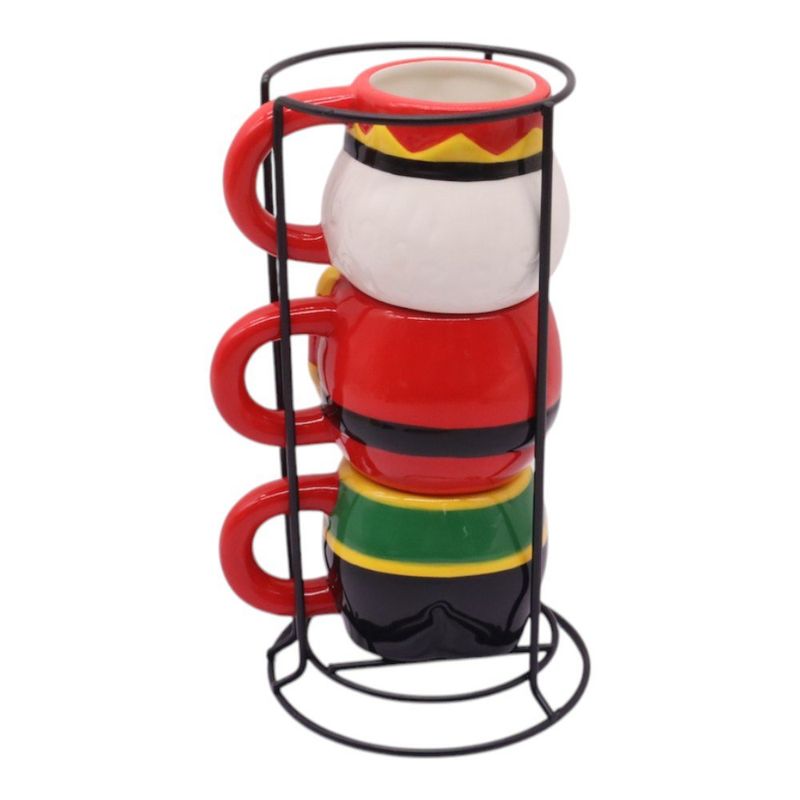 Set de 3 Tazas de Cerámica de 3.8 oz con Rack Diseño Cascanueces Color Rojo y Verde