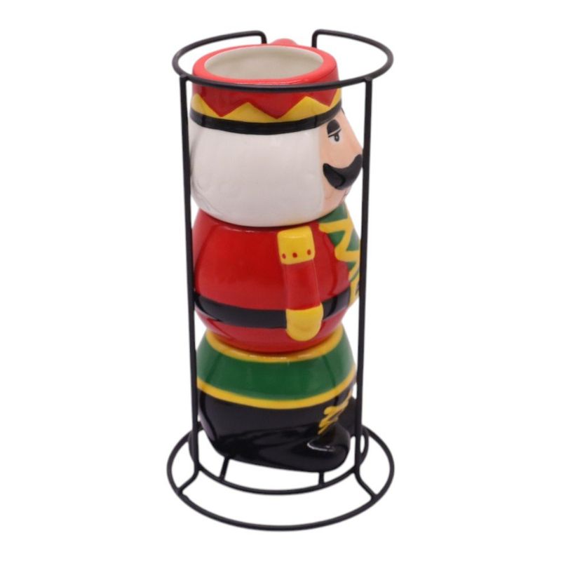 Set de 3 Tazas de Cerámica de 3.8 oz con Rack Diseño Cascanueces Color Rojo y Verde