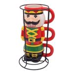 Set de 3 Tazas de Cerámica de 3.8 oz con Rack Diseño Cascanueces Color Rojo y Verde