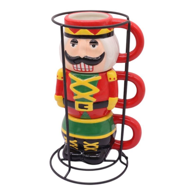 Set de 3 Tazas de Cerámica de 3.8 oz con Rack Diseño Cascanueces Color Rojo y Verde