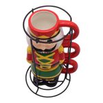 Set de 3 Tazas de Cerámica de 3.8 oz con Rack Diseño Cascanueces Color Rojo y Verde
