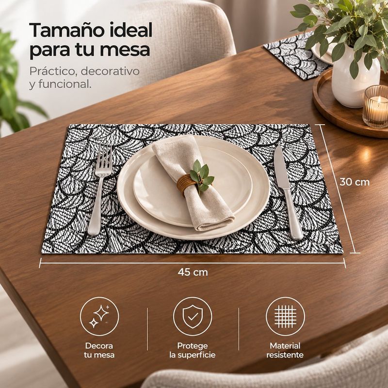 Individual para Mesa Diseño Escamado de Hojas PVC 30x45 Cm Blanco y Negro