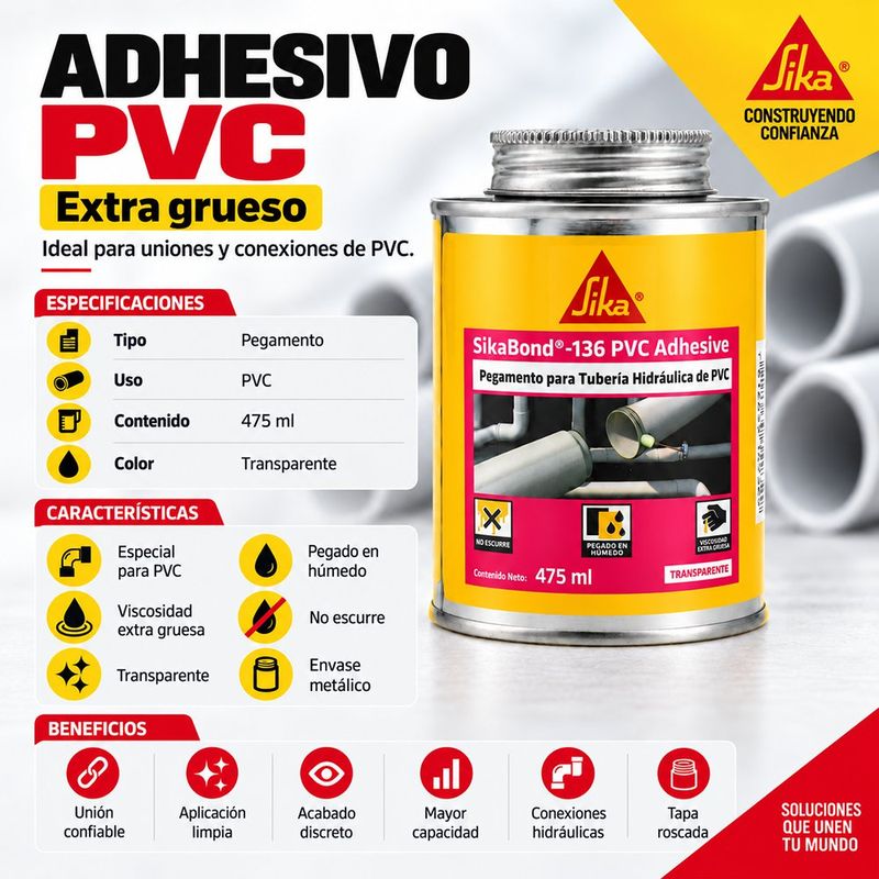 Adhesivo para Tubería PVC SikaBond-136 Transparente 475 mL