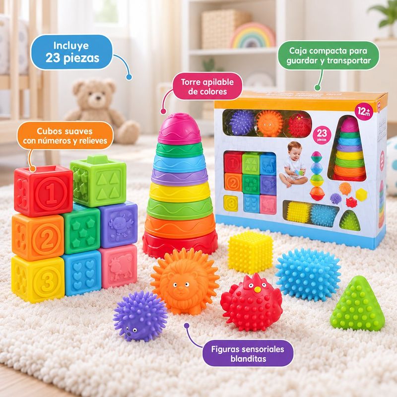 Juguetes Sensoriales Apilables para Bebés Multicolor, 23 Piezas