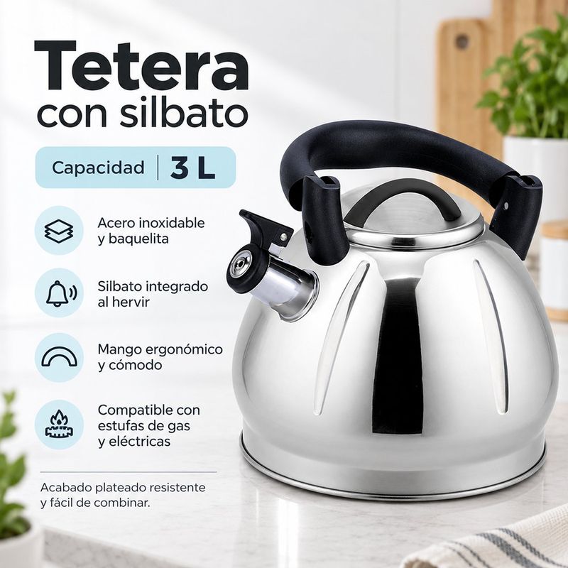Tetera de Acero Inoxidable Satinada de 3 L con Silbato