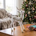 Figura Decorativa Venado Navideño de Pie 44 Cm Blanco Marfil y Dorado