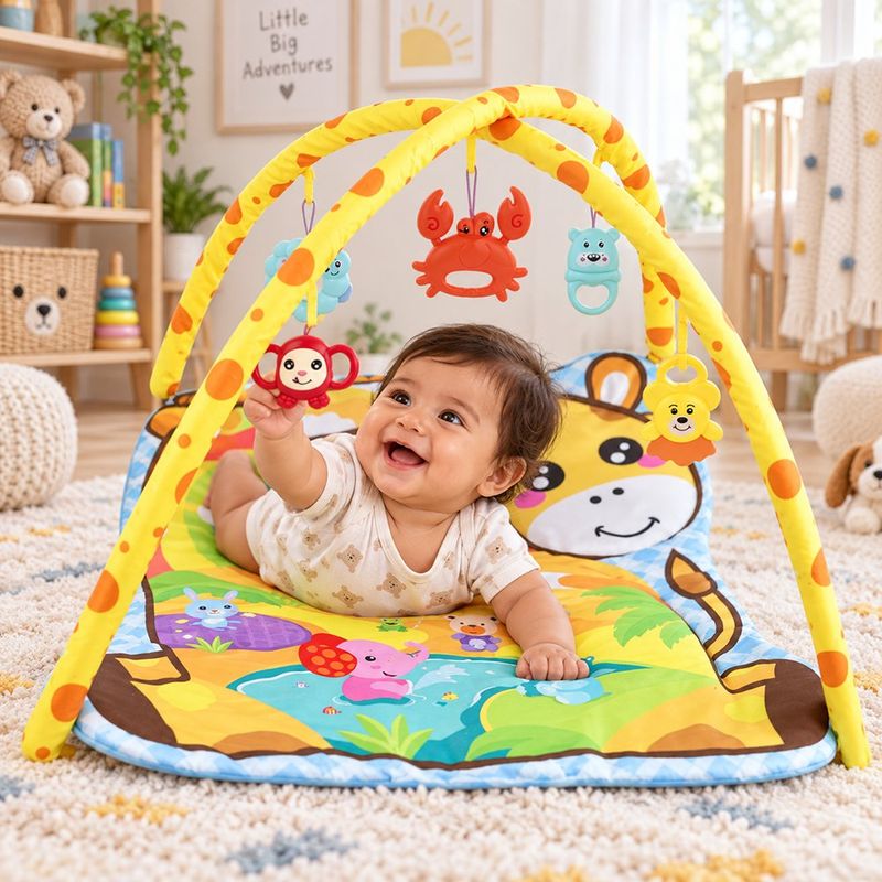 Gimnasio Interactivo Bebé Diseño Jirafa con Doble Arco, Piano y Juguetes Colgantes Amarillo