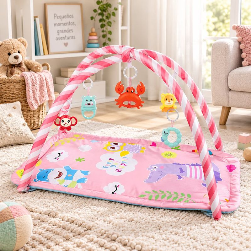 Gimnasio Interactivo Bebé Diseño Animalitos con Doble Arco, Piano y Juguetes Colgantes Rosado