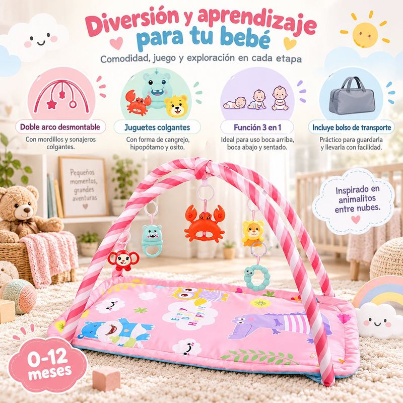 Gimnasio Interactivo Bebé Diseño Animalitos con Doble Arco, Piano y Juguetes Colgantes Rosado