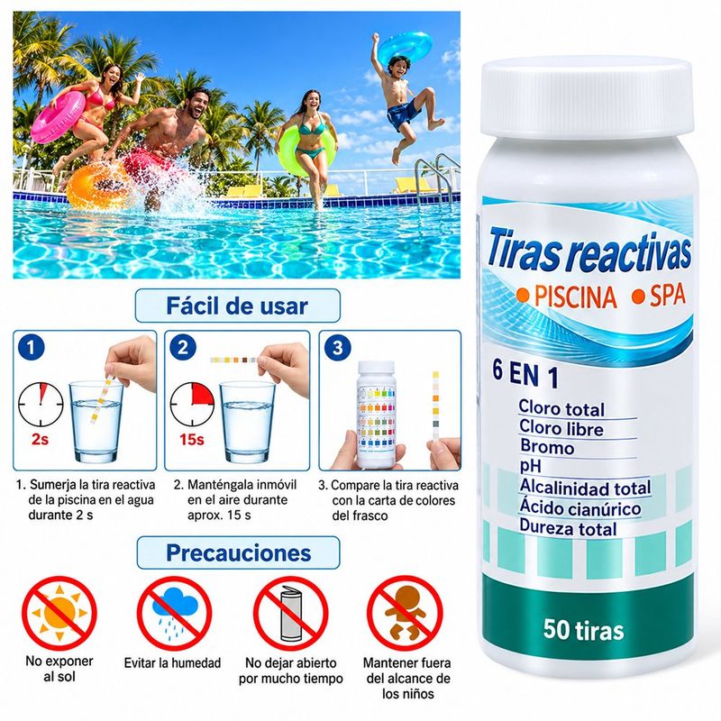 Kit de Tiras Reactivas de Prueba 6 en 1 para Piscina, 50 Unidades