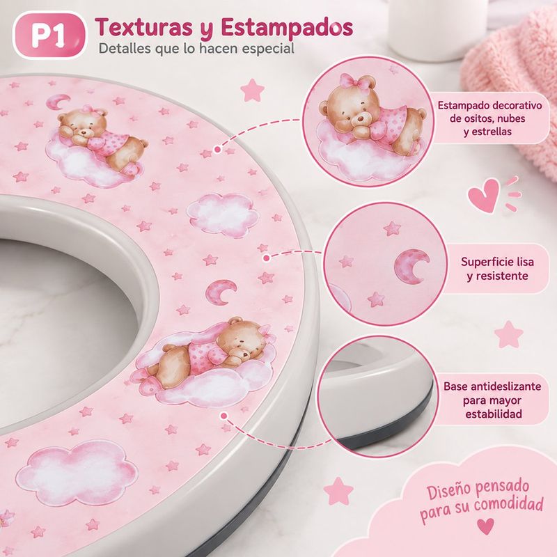Asiento Entrenador Infantil de Plástico Diseño Oso Rosado con Base Antideslizante