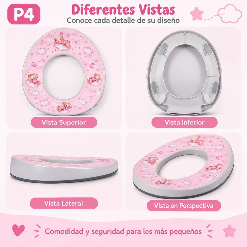 Asiento Entrenador Infantil de Plástico Diseño Oso Rosado con Base Antideslizante