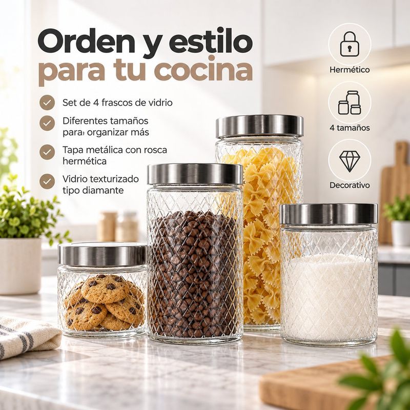 Set de Frascos Herméticos de Vidrio Texturizado con Tapa de Acero Inoxidable para Cocina, 4 Piezas