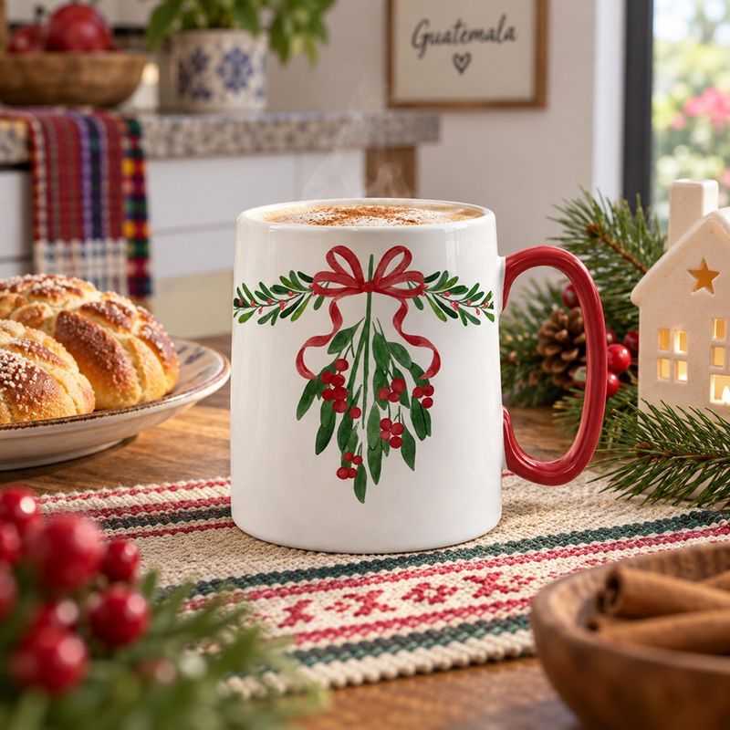 Taza Navideña con Diseño de Muérdago Color Blanco