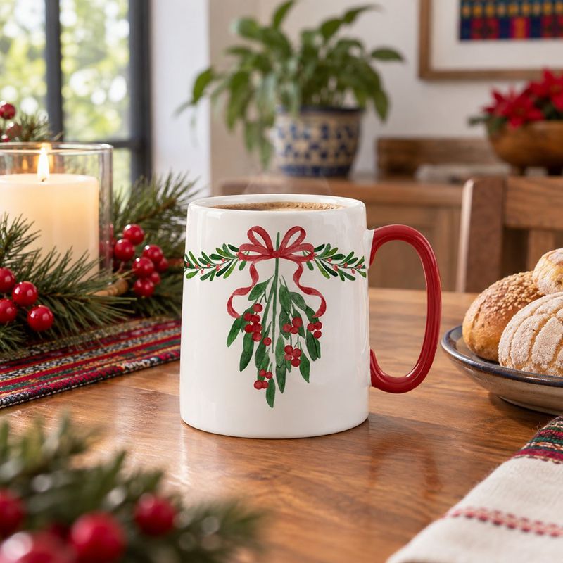 Taza Navideña con Diseño de Muérdago Color Blanco