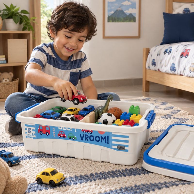 Caja Organizadora Decora Gran Box con Tapa y Seguro Diseño de Carros Azul 40.5 x 29 x 12.2 cm