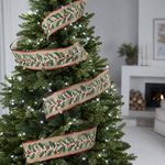 Listón Navideño con Estampado Hojas Beige y Rojo 6.35 cm × 9.1 m