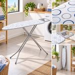 Tabla de Planchar de Metal con Funda Acolchada y Soporte para Plancha 113 x 34 Cm Diseño Círculos Blanco y Azul