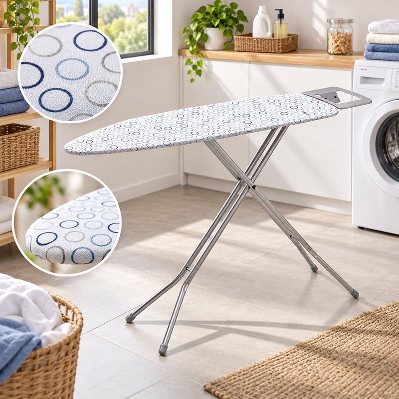 Tabla de Planchar de Metal con Funda Acolchada y Soporte para Plancha 113 x 34 Cm Diseño Círculos Blanco y Azul
