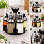 Set de Especieros de Vidrio con Base de Acero Inoxidable y Tapas Dosificadoras para Cocina Plateado y Negro, 7 Piezas