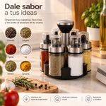 Set de Especieros de Vidrio con Base de Acero Inoxidable y Tapas Dosificadoras para Cocina Plateado y Negro, 7 Piezas
