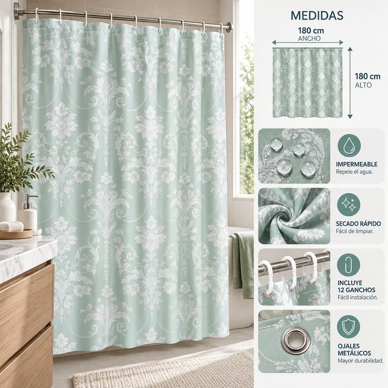 Cortina de Baño 180 x 180 cm con Ganchos Color Verde