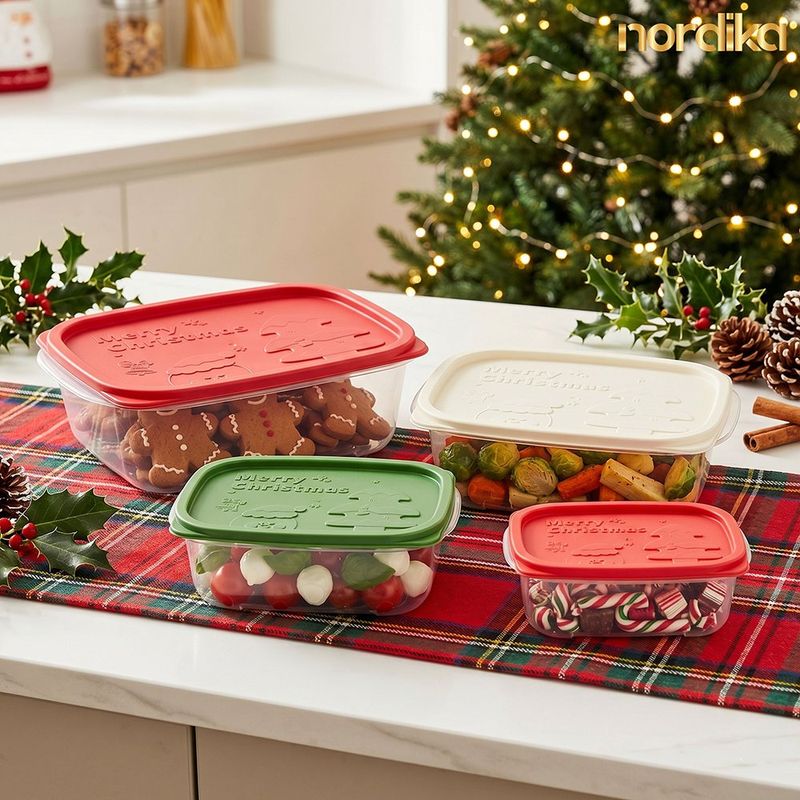 Set de 4 Contenedores de Cocina Apilables con Tapas Navideñas