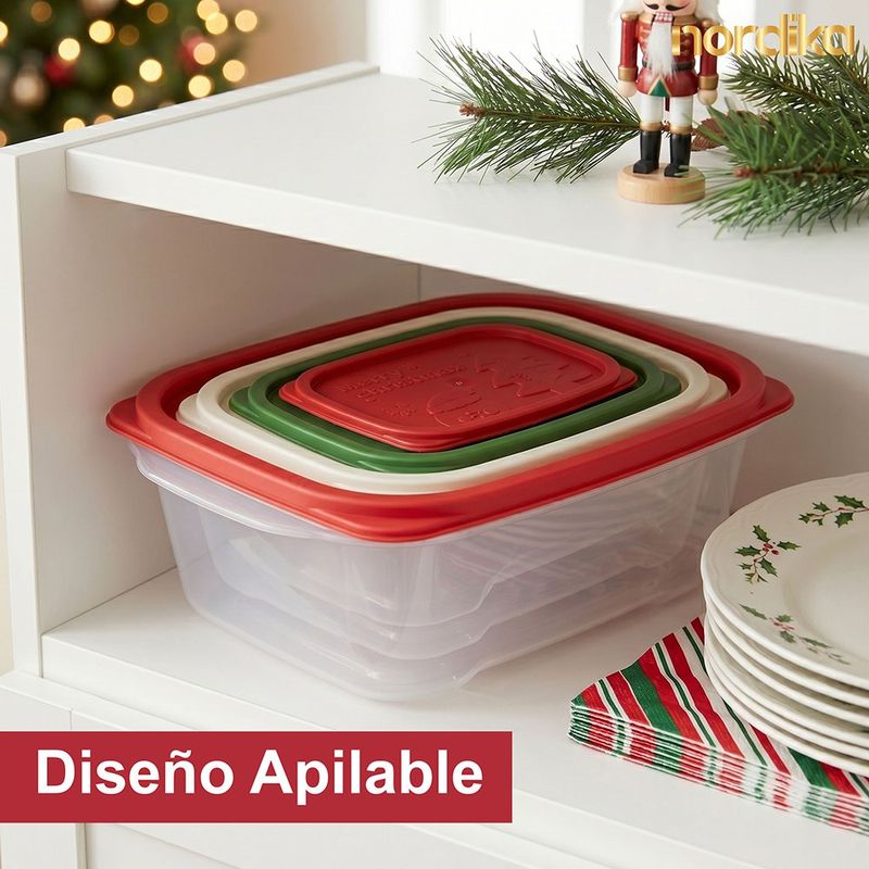 Set de 4 Contenedores de Cocina Apilables con Tapas Navideñas