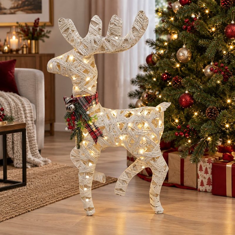 Reno Decorativo Blanco con Luz LED y Moño Escocés